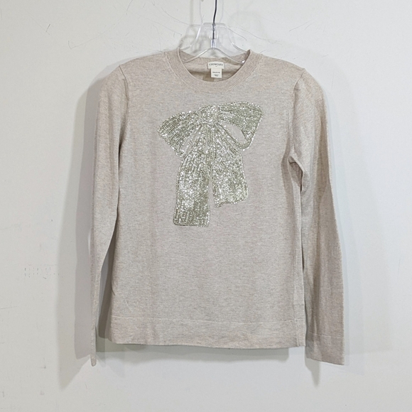 Crewcuts Beige Sweater With Gold Sequin Bow - Size XXL Girls 15-16 - Picture 2 of 6